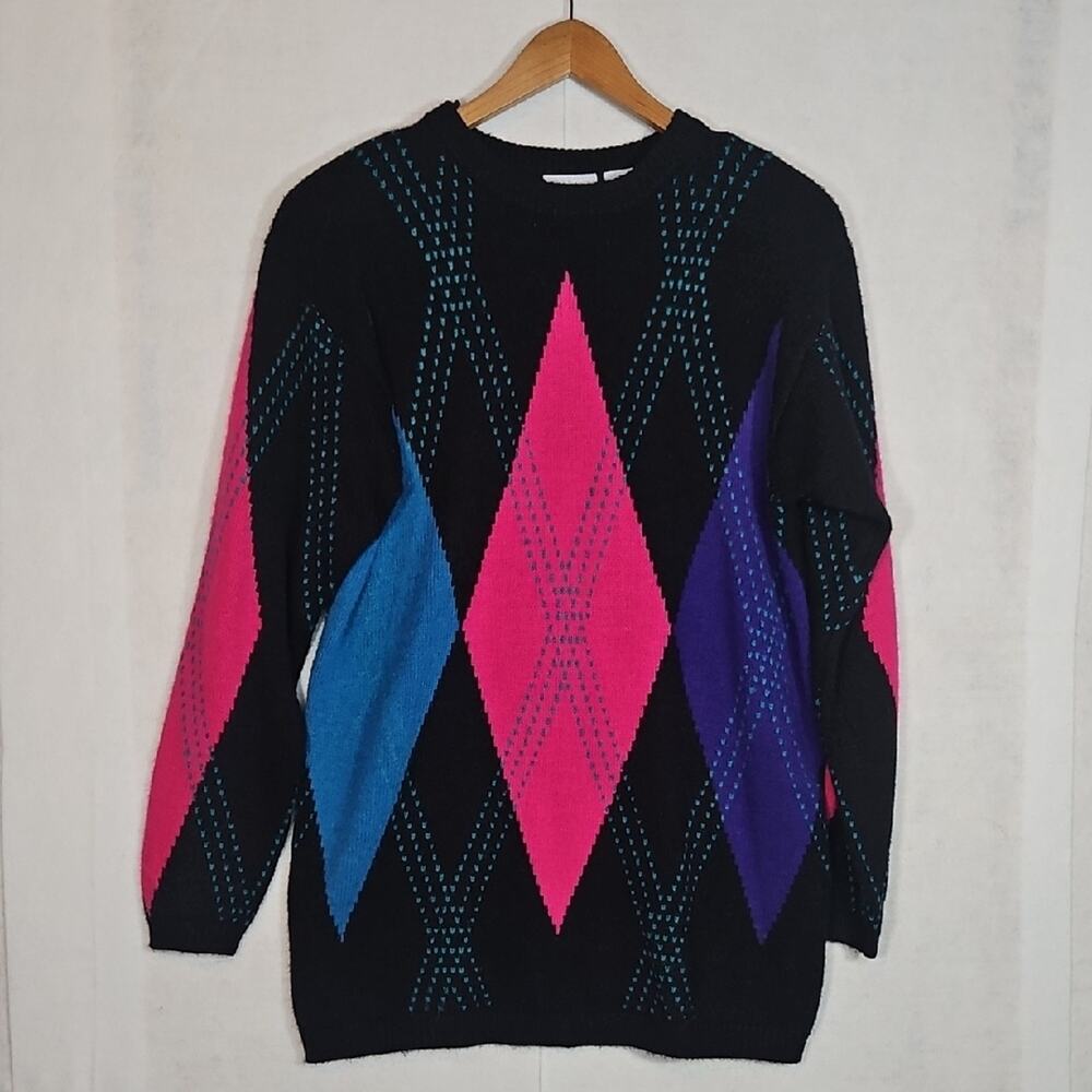 Vintage TanJay Geometric Sweater Women’s Small Black Pink Blue 80s Knit Crewneck